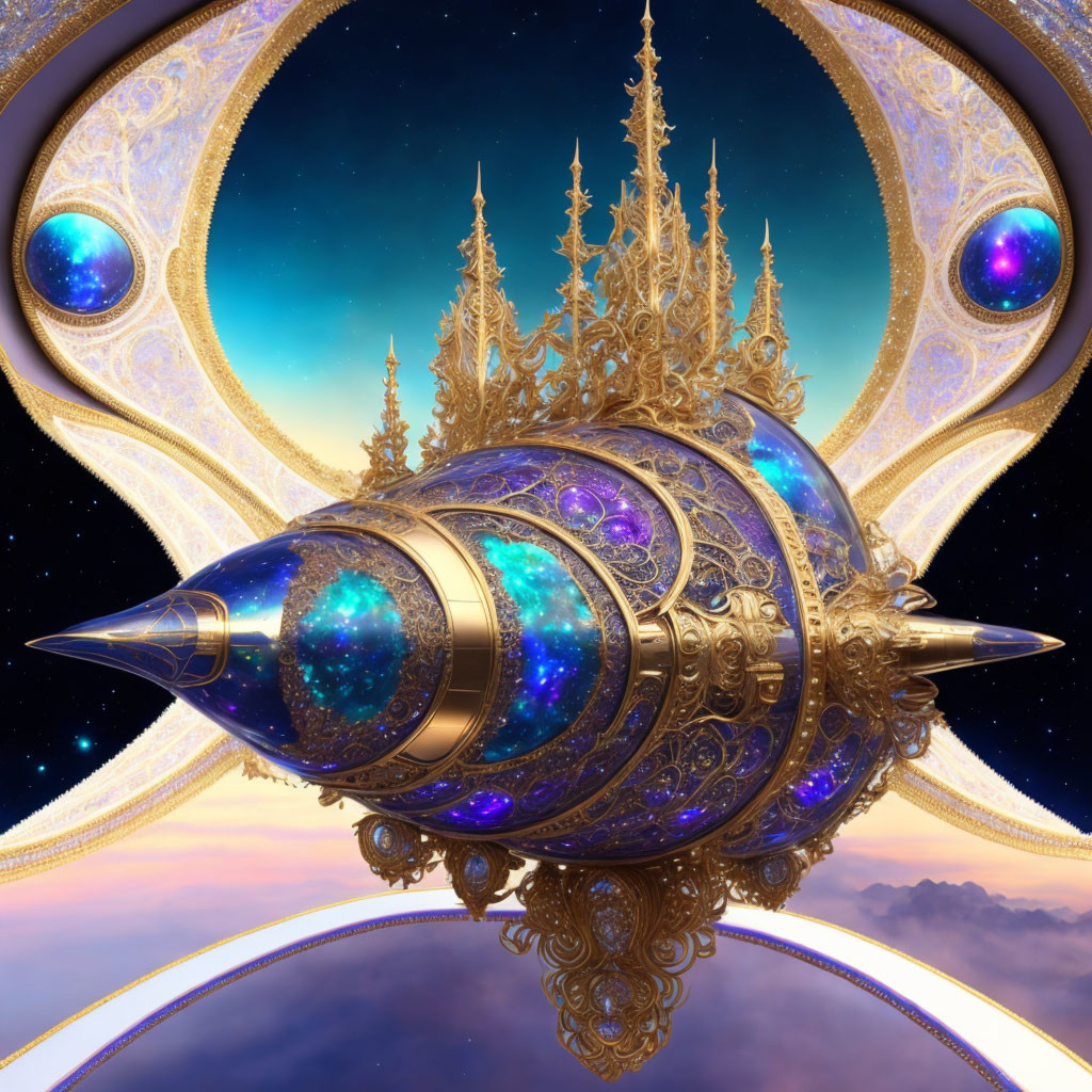 Ornate golden spaceship with glowing blue orbs in cosmic setting