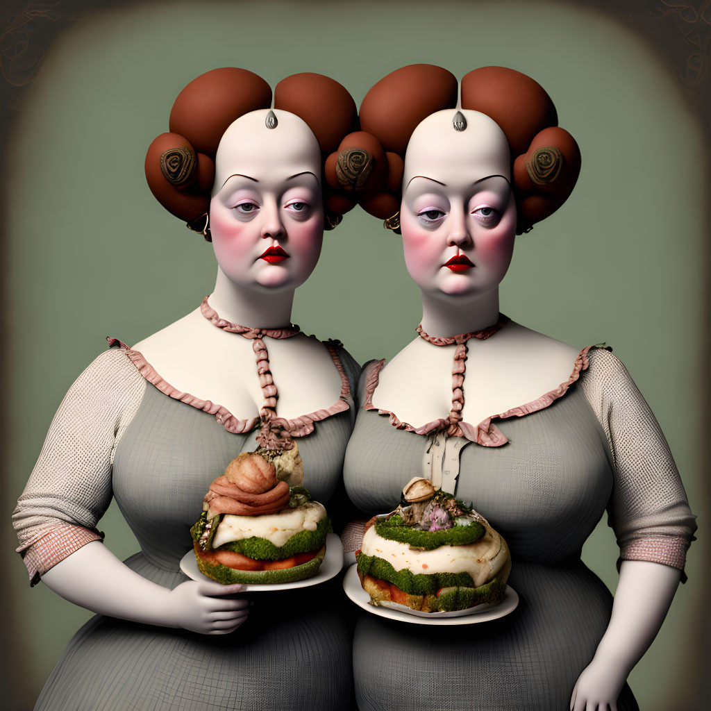 Identical surreal animated women with elaborate hairstyles holding large sandwiches