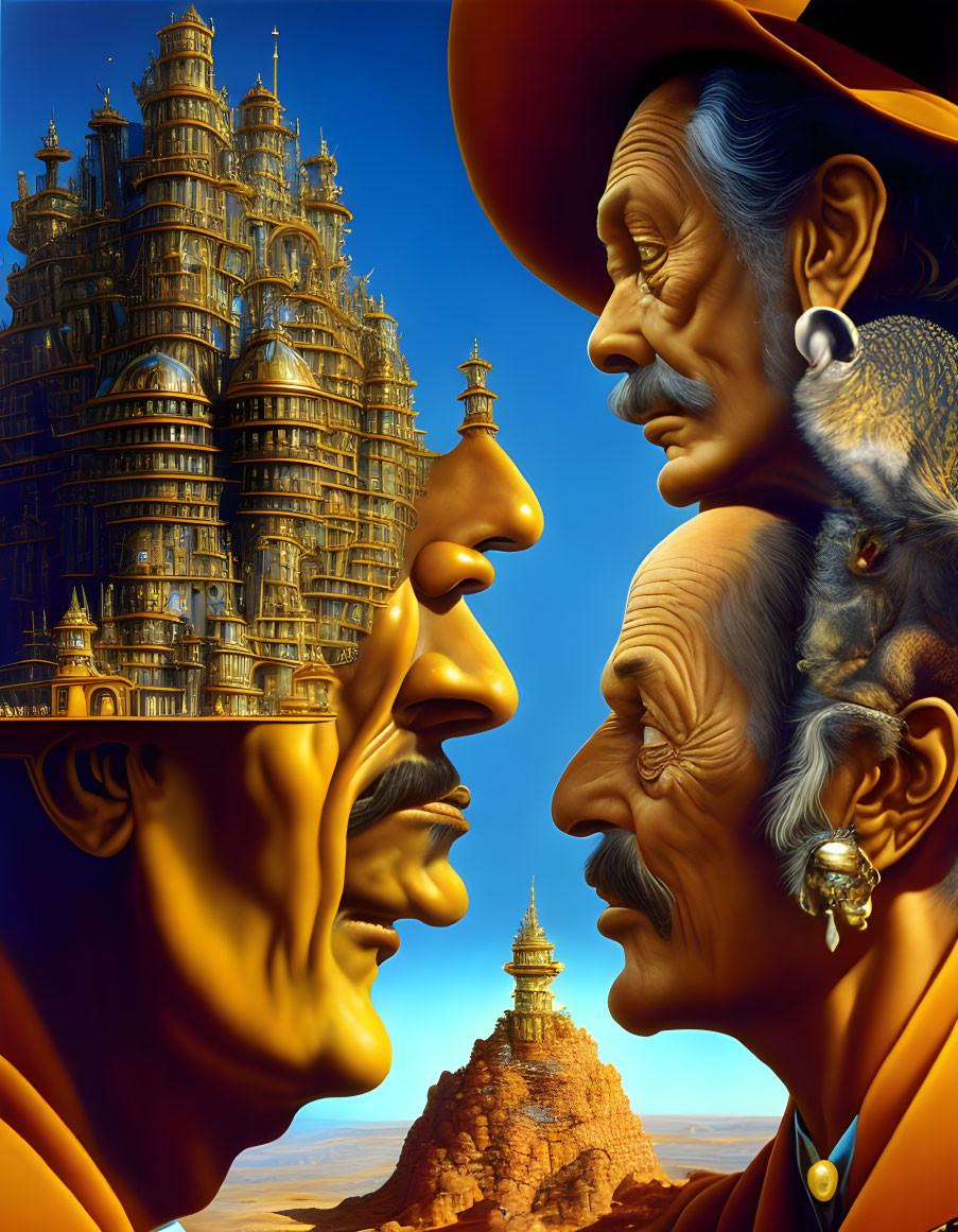 Detailed profile faces blend with castle on blue sky