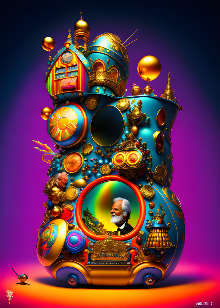 Colorful digital artwork: ornate structure, spherical elements, intricate details, bearded man portrait