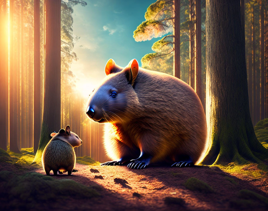 Two wombats in sunlit forest with tall trees and rays of light.