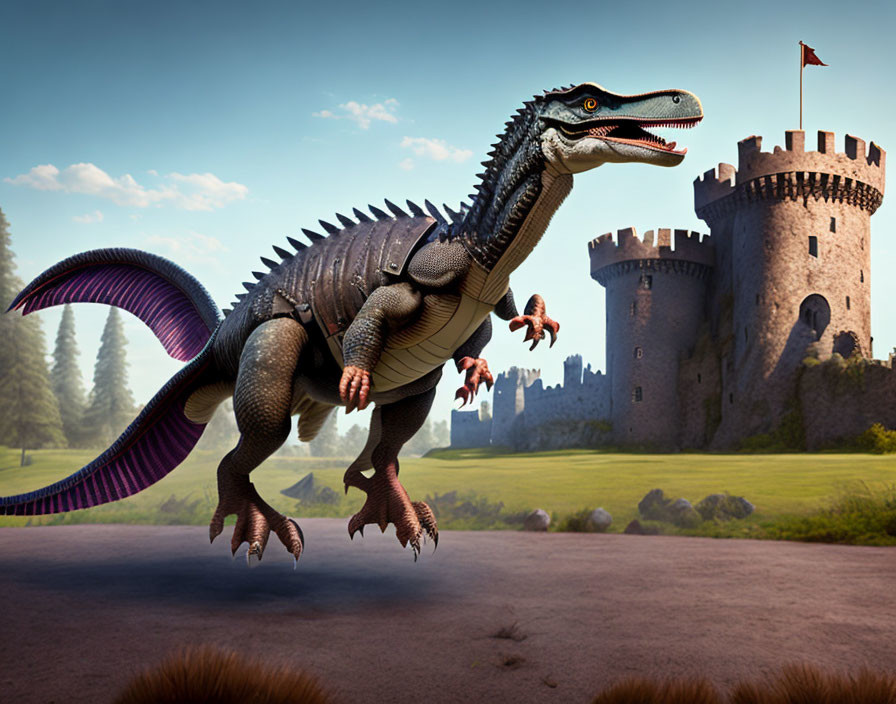 Large fictional dinosaur with dark skin and purple wings in grassy field with medieval castle.