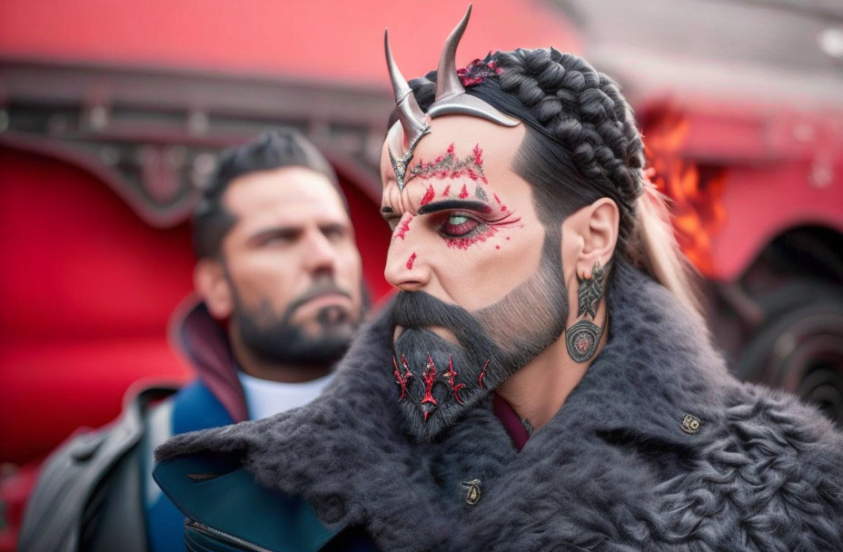 Character with horned headpiece, braided hair, and fur collar.