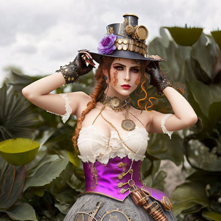 Steampunk-themed woman in top hat, corset, and gloves against leafy backdrop