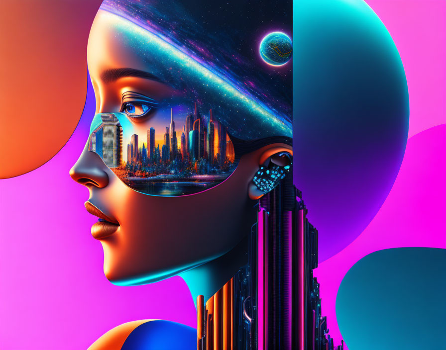 Colorful digital artwork: Female figure with cosmic cityscape in head