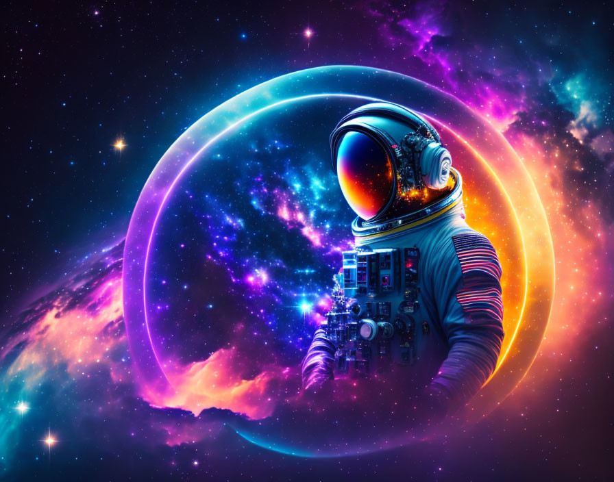 Detailed Spacesuit Astronaut Floats in Front of Vibrant Nebula