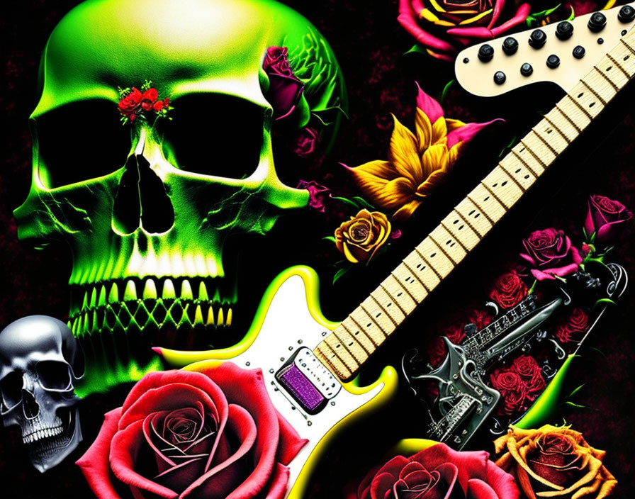 Colorful human skull illustration with red flower, roses, and electric guitar.