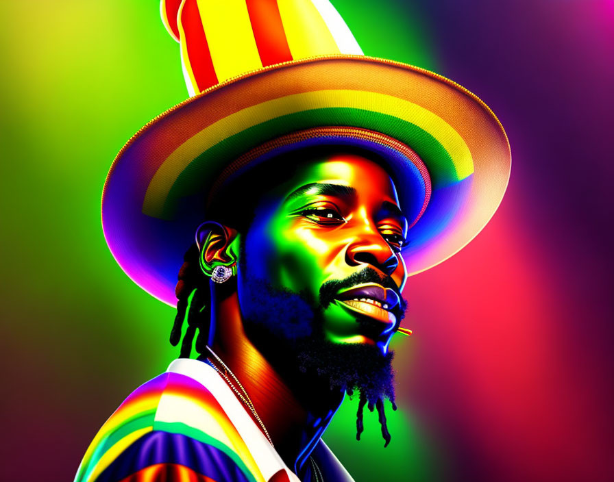 Colorful Striped Hat Man Portrait with Rainbow Background