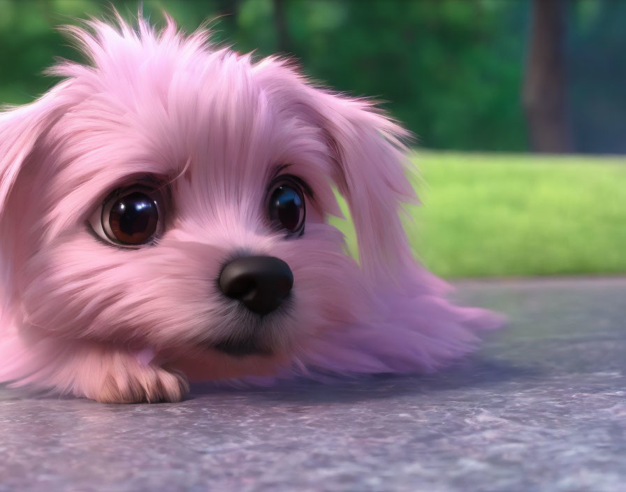 Pink fluffy animated dog with big eyes lying down in close-up view