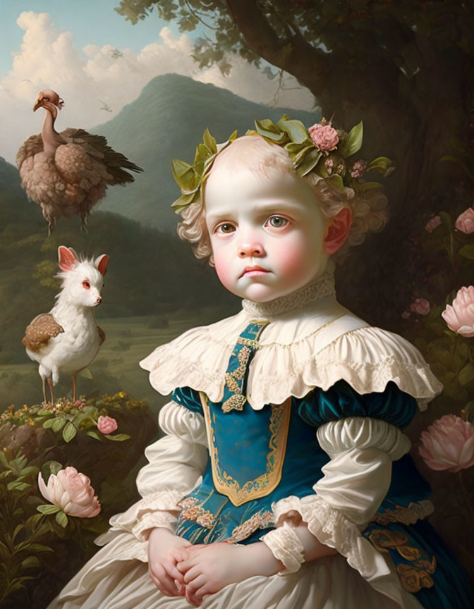 Child in historical dress with laurel wreath, vulture, and human-faced chicken in pastoral landscape