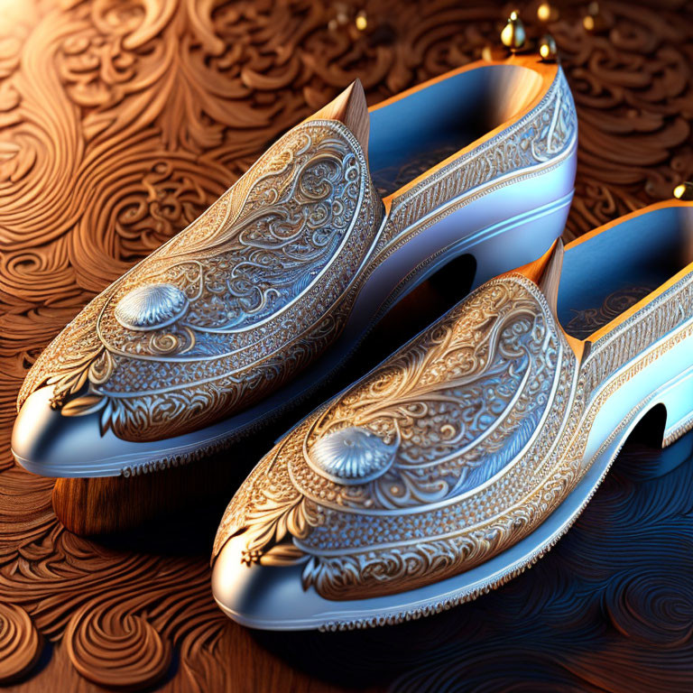 Ornate metallic shoes with intricate engravings on wooden background