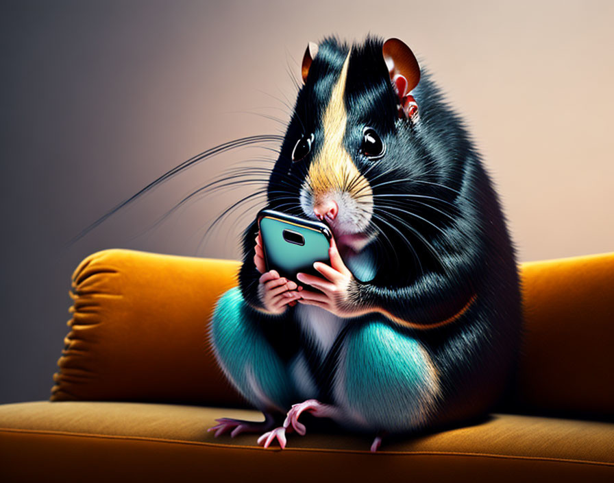 Illustration of rodent with human-like features on orange couch with smartphone