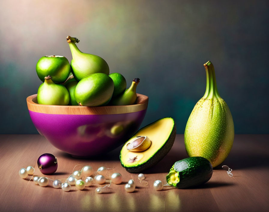 Wooden bowl with green pears, avocados, zucchini, and pearls on table