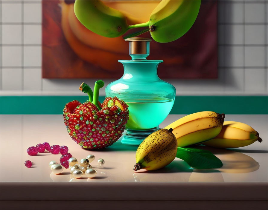 Bananas, strawberries, gems, and vase in vibrant still life composition