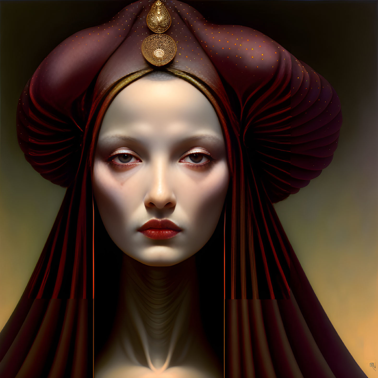 Digital Artwork: Pale-skinned woman with red eyes and elaborate gold headpiece