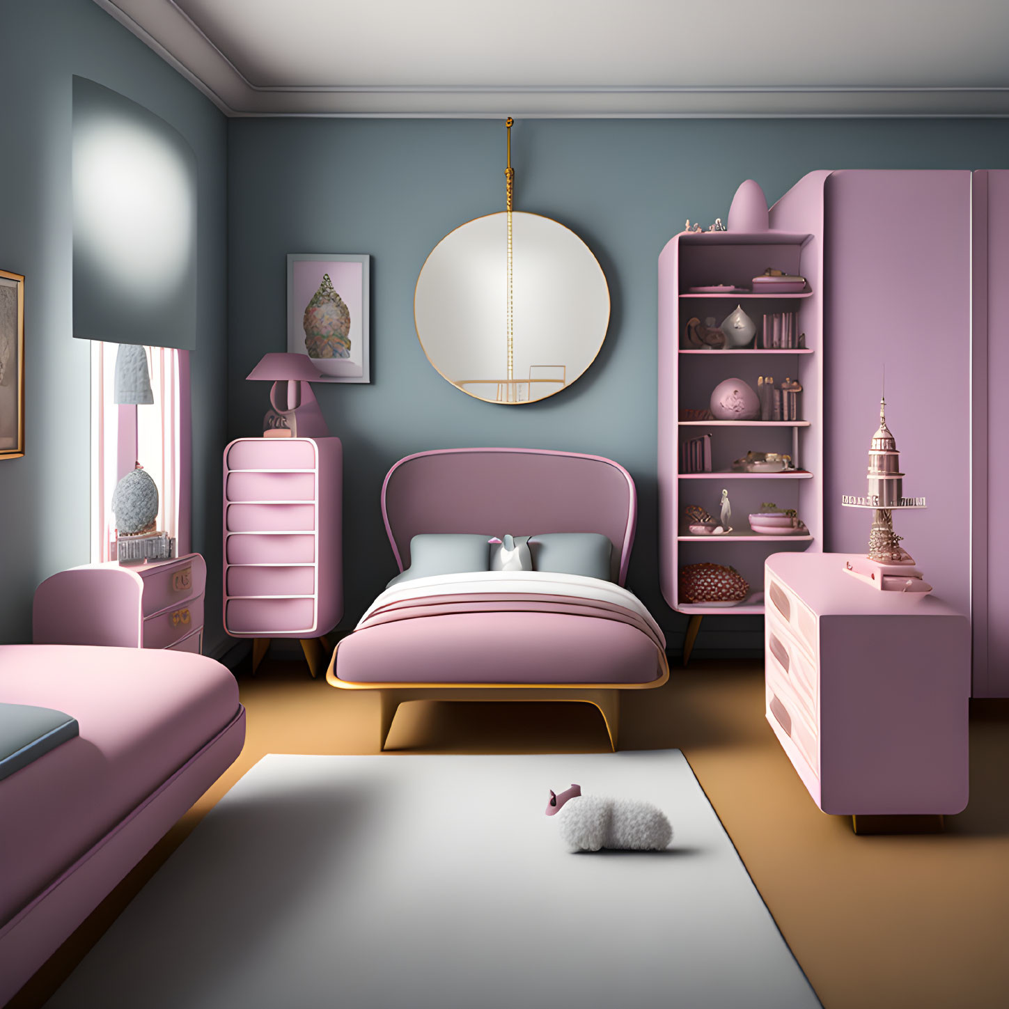 Pink Furniture in Stylish Room with Soft Blue Walls