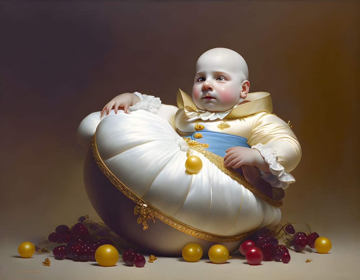 Surreal oversized baby illustration with fruits in classical style