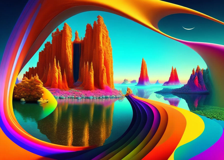 Colorful surreal landscape with rainbow arcs, orange spires, and crescent moon.