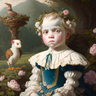 Child in historical dress with laurel wreath, vulture, and human-faced chicken in pastoral landscape