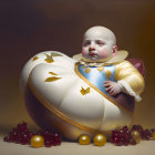 Surreal oversized baby illustration with fruits in classical style