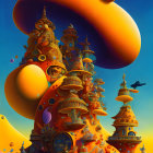 Colorful surreal illustration: ornate multi-story building, floating islands, giant mushroom cap, sunset sky