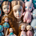 Collection of porcelain dolls with diverse hairstyles and outfits showcasing intricate details.