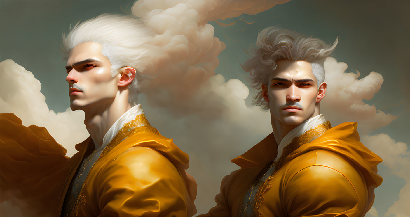 Stylized men with white hair in golden attire on cloud backdrop