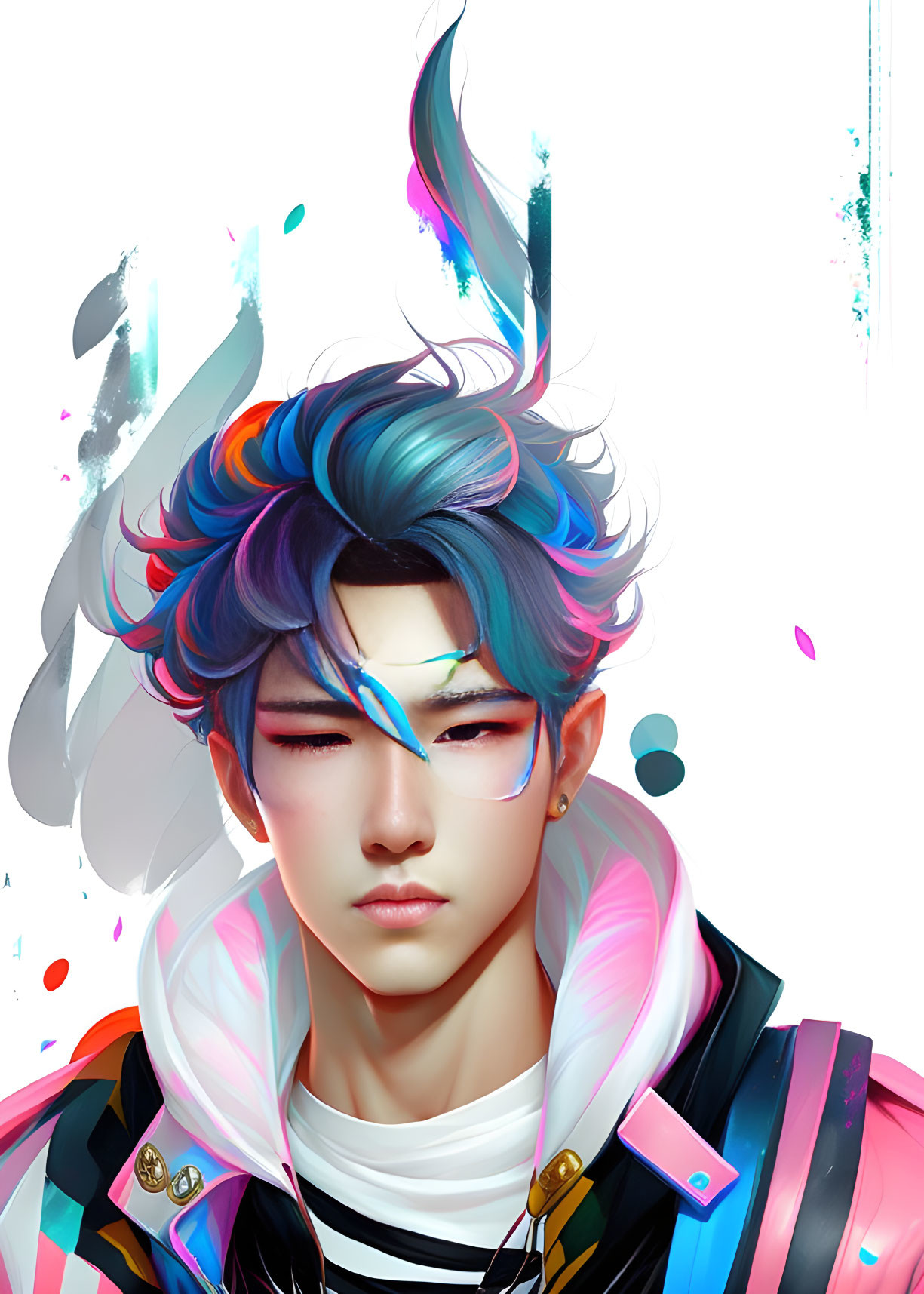 Dynamic multicolored hair & modern jacket in futuristic digital portrait