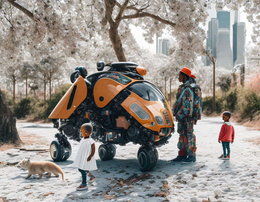 Colorful clothing person gazes at futuristic orange robot near blooming trees, with dog and children nearby