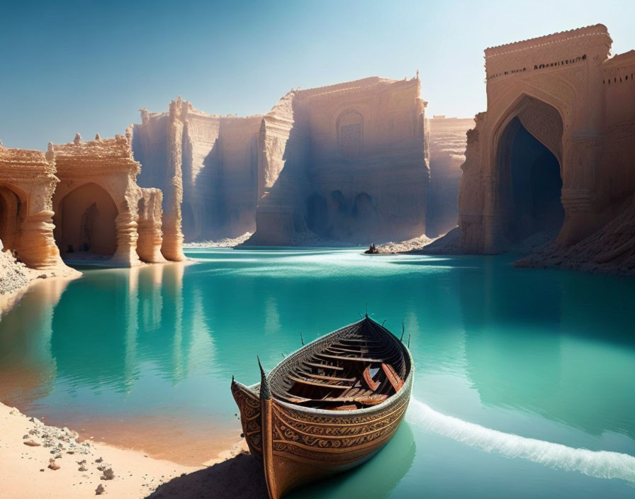 Traditional Boat on Turquoise Lake Near Sandstone Cliffs and Architectural Carvings