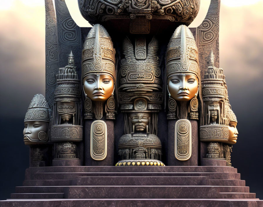 Surreal digital artwork: ornate stone heads on staircase under dusky sky