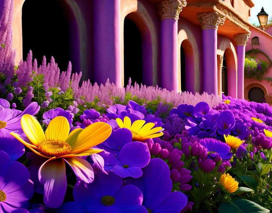 Vibrant garden with purple flowers and pink building under clear sky