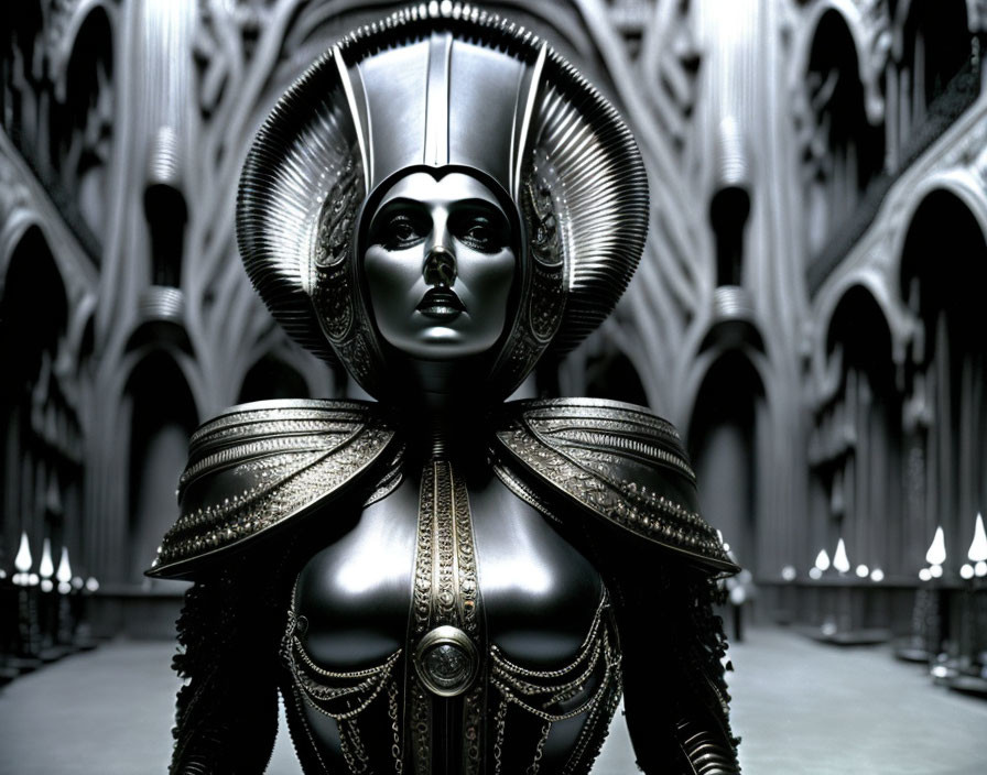 Futuristic female figure in metallic armor in gothic cathedral setting