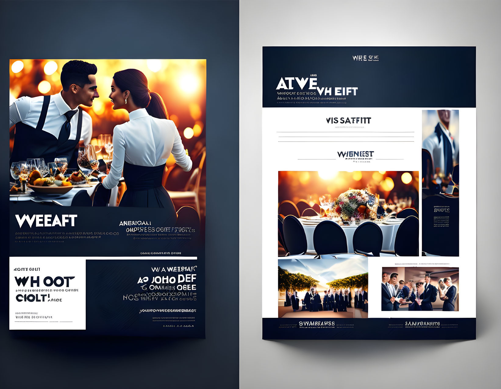 Professional man and woman converse at wine table with advertising brochure layout