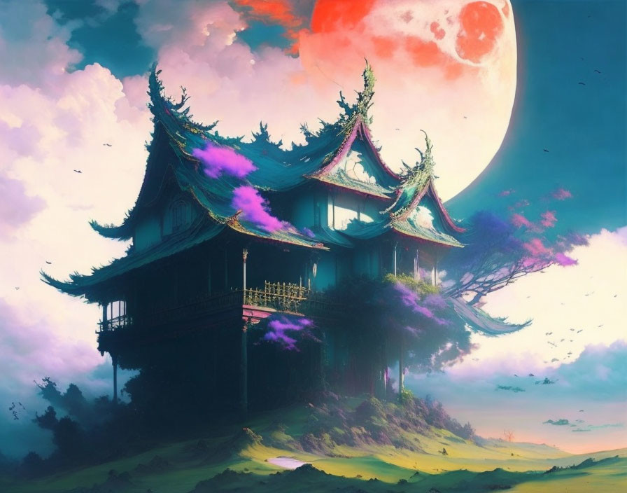 Traditional Asian pagoda on hill with purple flora under red moon