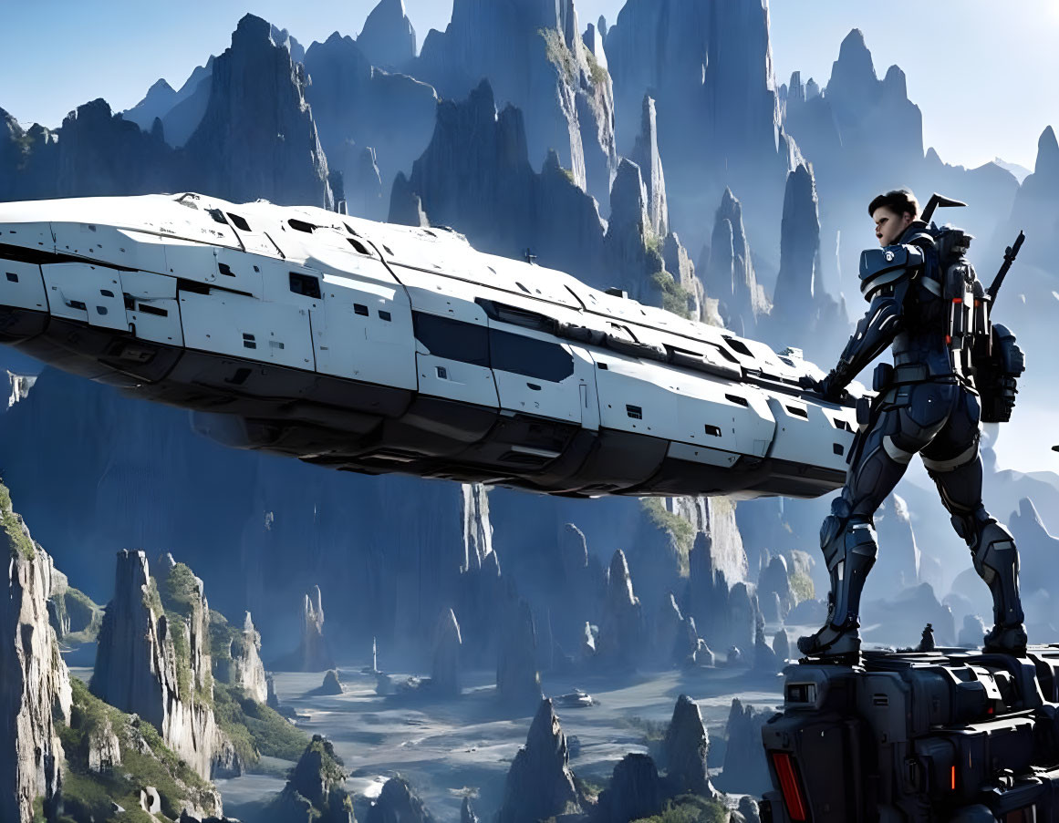 Futuristic soldier with large rifle on hovering spacecraft in mountain landscape