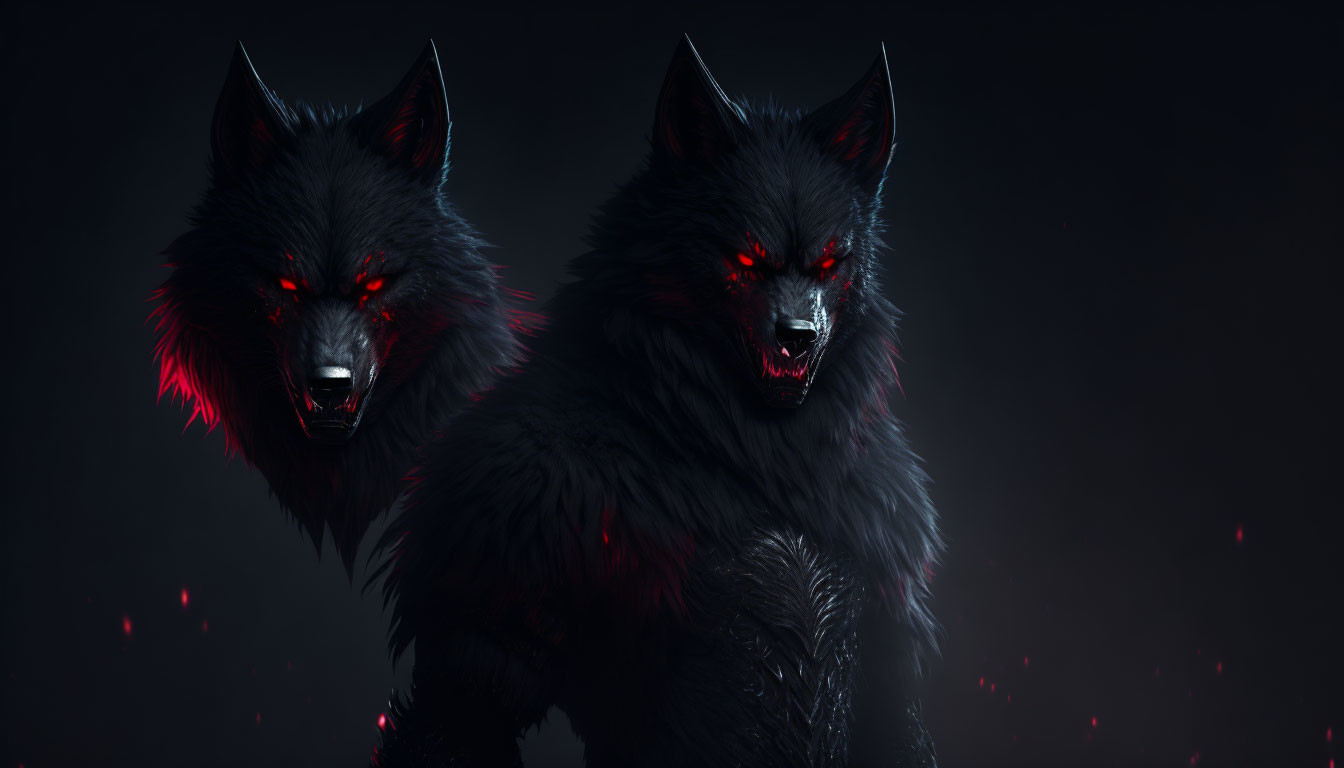 Two menacing black wolves with glowing red eyes in a dark, misty setting.