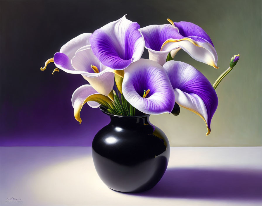 Vibrant purple and white calla lilies in black vase on gradient background