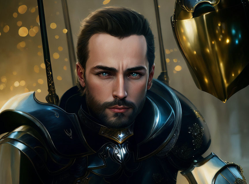 Knight portrait with polished black armor and beard, helmet and bokeh light background