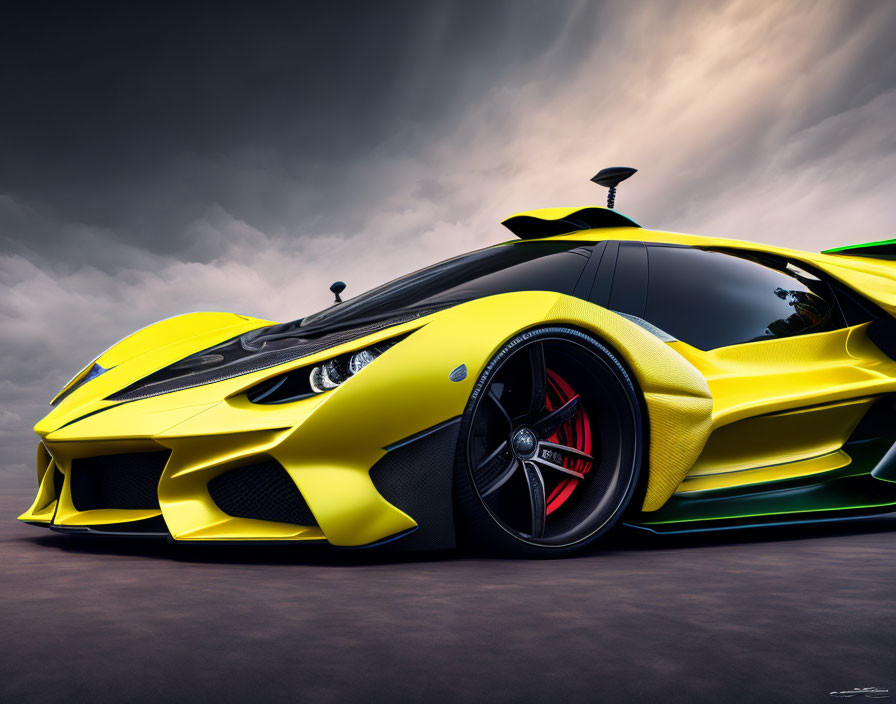 Yellow Sports Car with Aerodynamic Body and Rear Wing on Black Wheels