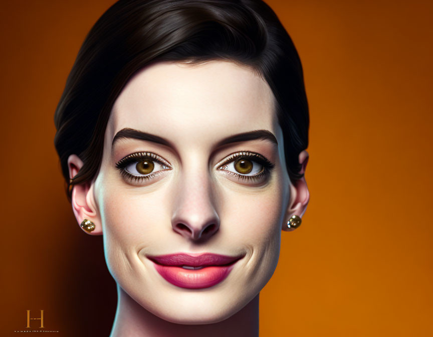 Exaggerated features portrait of a woman on orange background