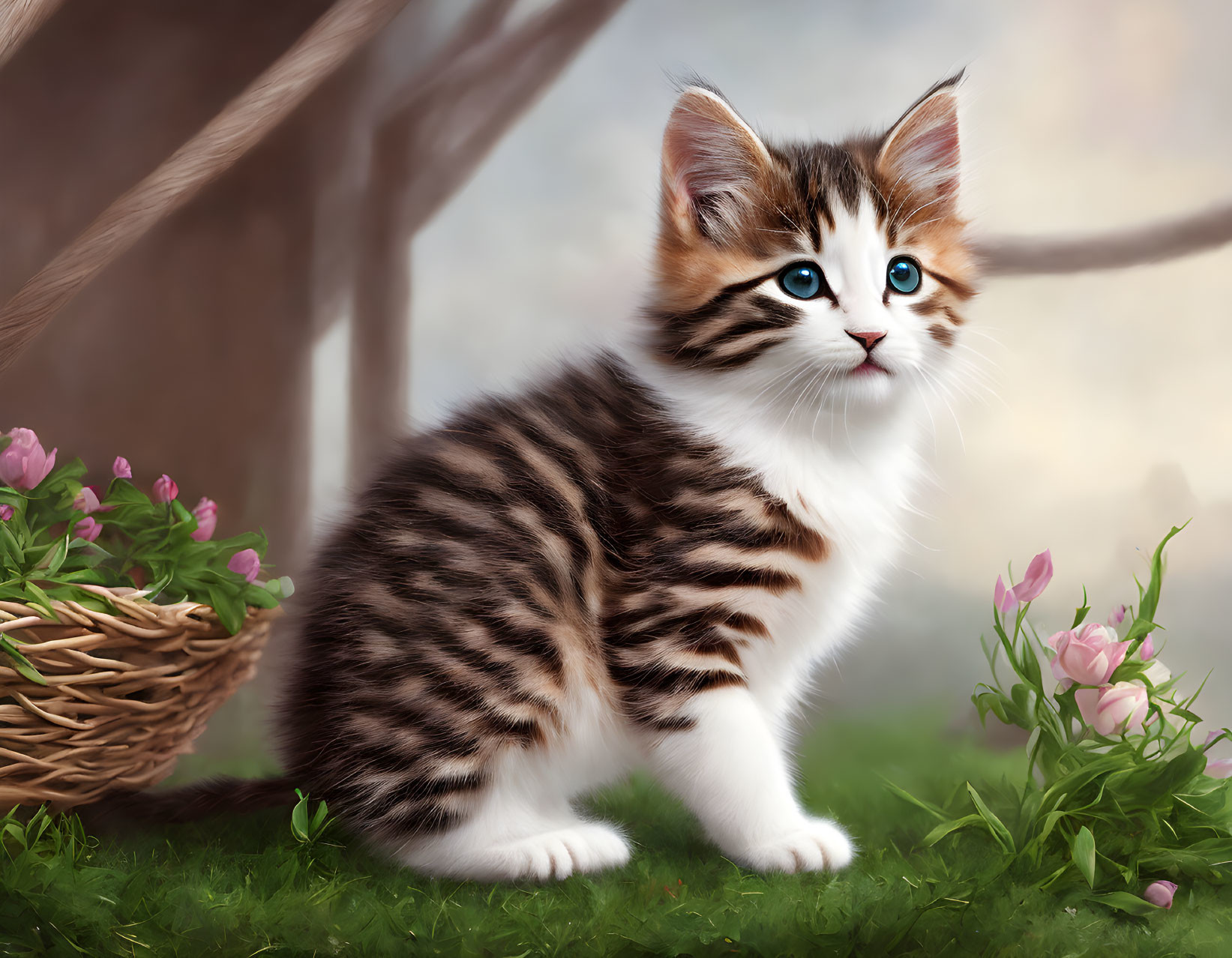 Fluffy tabby kitten with blue eyes near flowers and grass