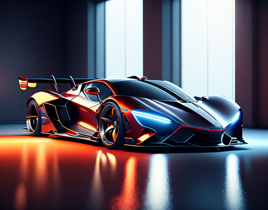 Futuristic metallic blue and red race car on reflective surface
