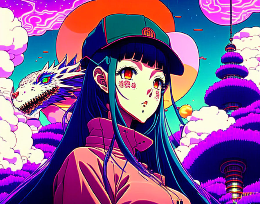 Anime-style girl with cap in fantastical landscape with dragon, vibrant clouds, and futuristic towers under purple