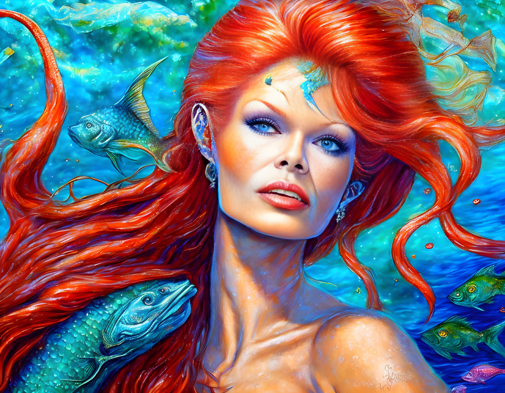 Colorful digital art of woman with red hair in underwater scene