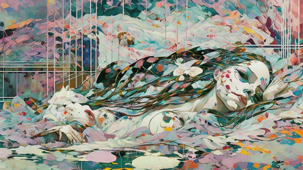 Abstract painting: reclining woman in pastel hues and floral patterns