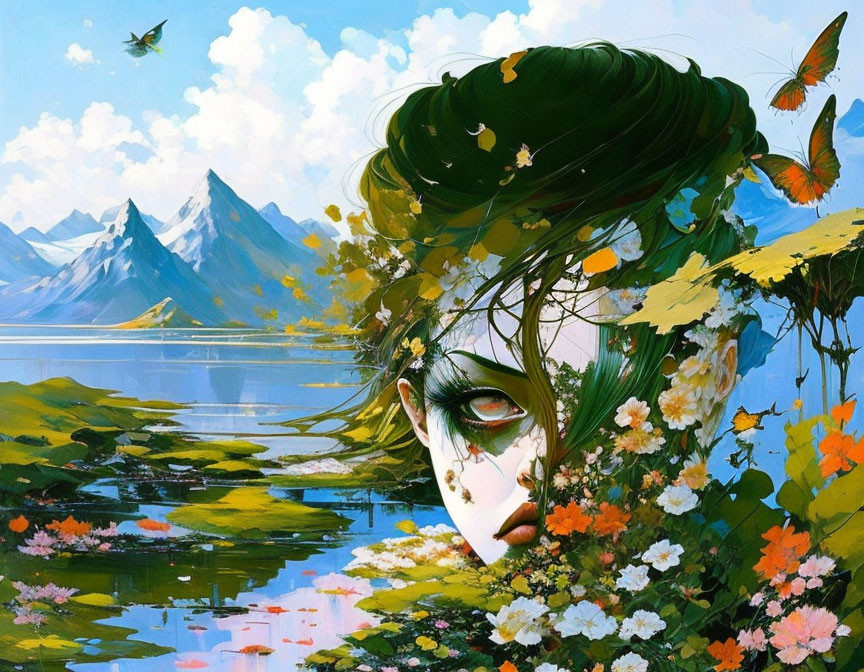 Surreal woman's face merges with vibrant landscape in artwork