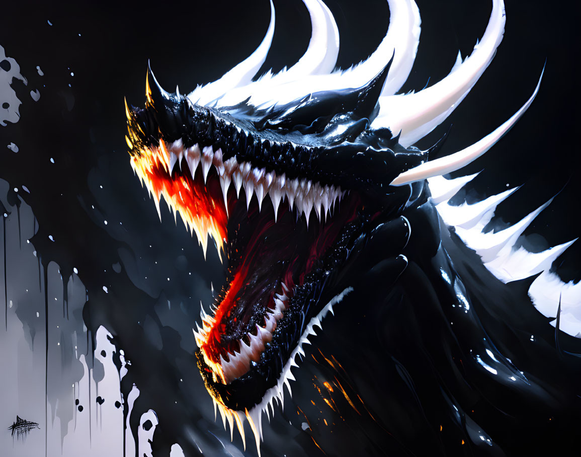 Ferocious dragon with sharp fangs and horns in dark backdrop