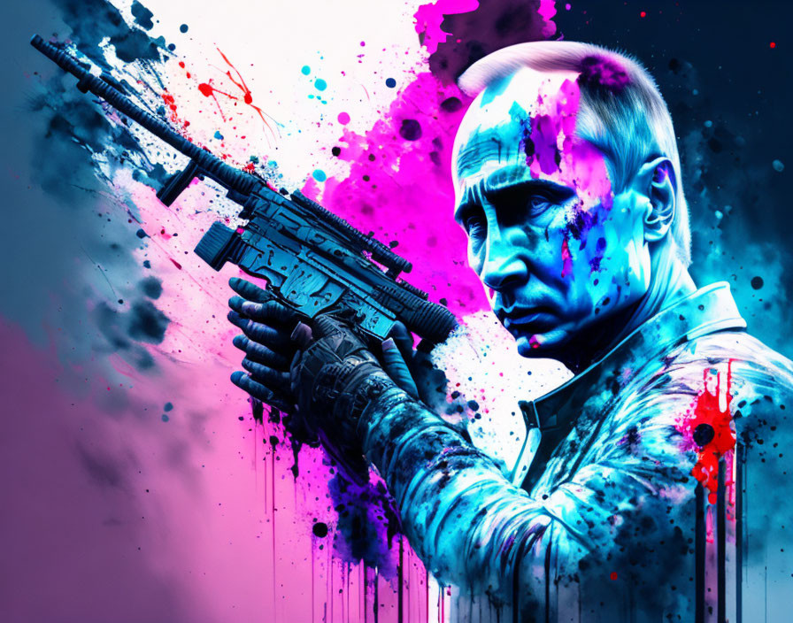 Man Holding Rifle Against Vibrant Blue and Pink Splatters