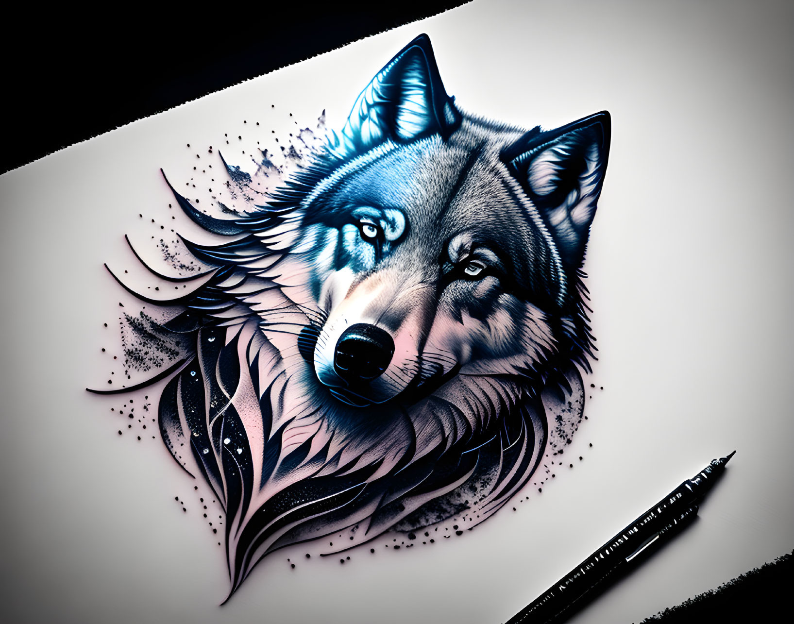 Detailed Wolf Illustration with Blue Accents and Decorative Elements on White Surface